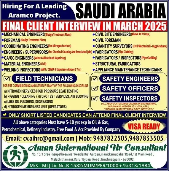 Job Openings for a Leading Aramco Project in Saudi Arabia 25 Job Openings for a Leading Aramco Project in Saudi Arabia