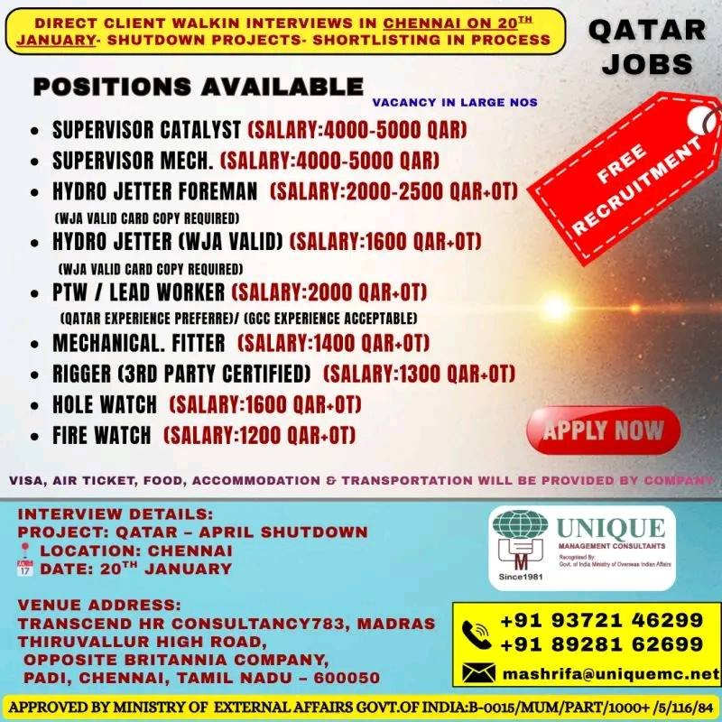 qatar free requirement multiple large vacancy 2026 compressed