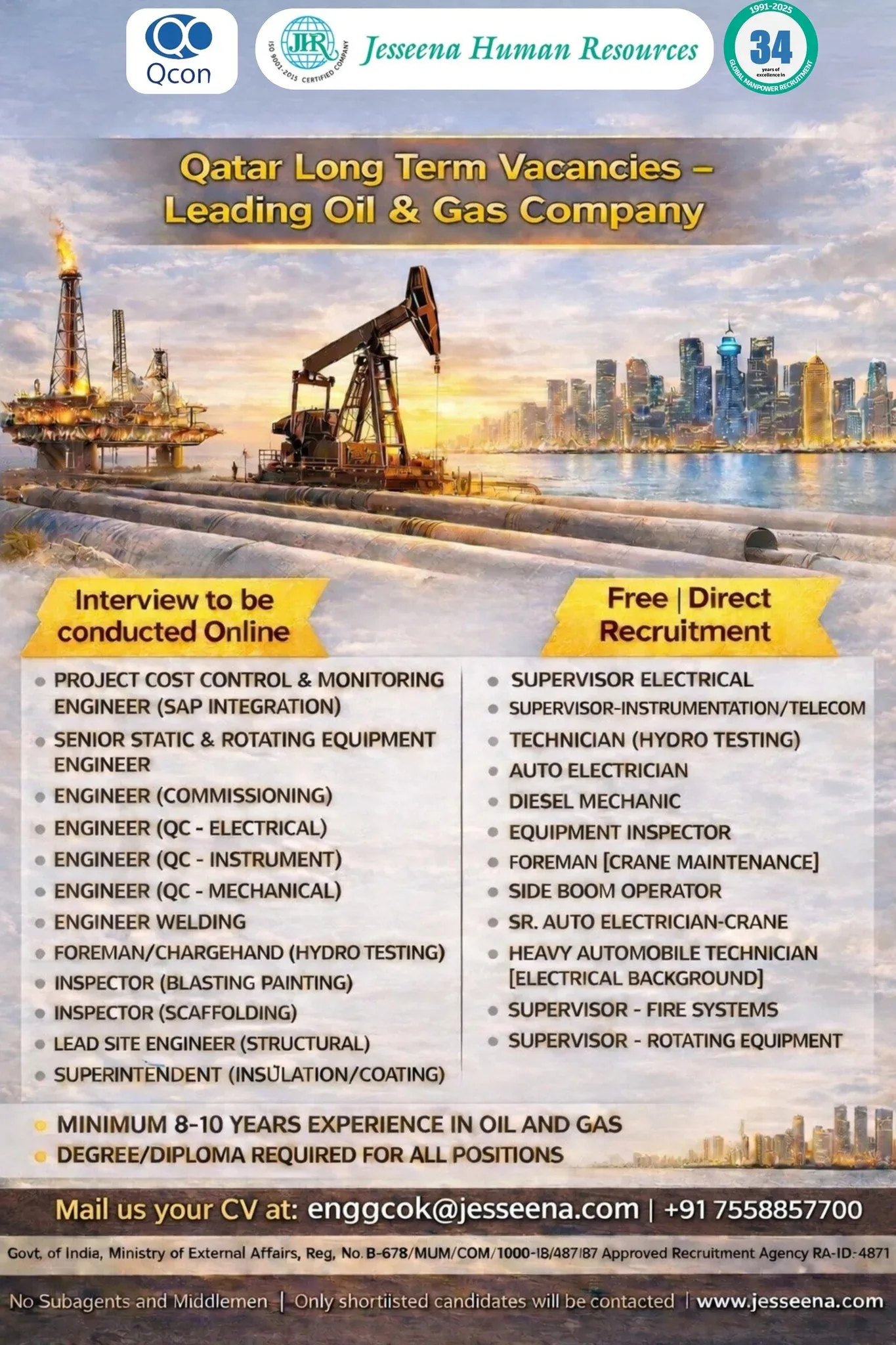 Urgent for Qatar - Leading Oil & Gas Compant Vacancy